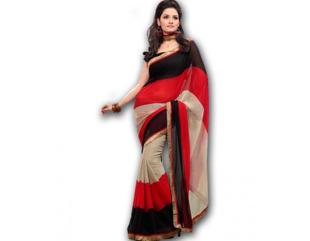 FabDeal Red & Black Georgette Abstract Printed Saree